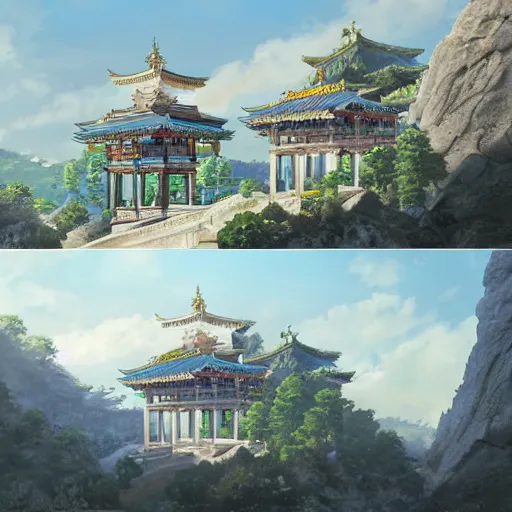 Prompt: concept art painting of a marble temple on top of a mountain, with greek and japanese architecture, overlooking a valley with a village below, realistic, detailed, cel shaded, in the style of makoto shinkai and greg rutkowski and albert bierstadt and james gurney