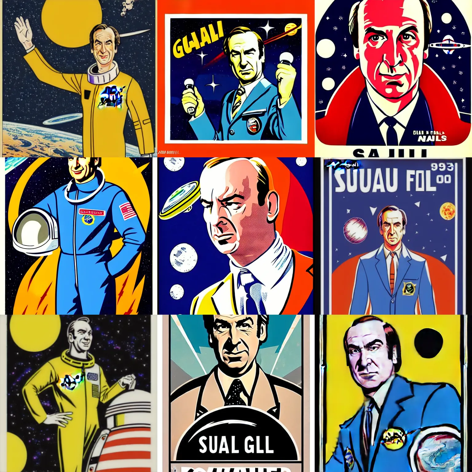 Prompt: saul goodman as an astronaut in the style of a 1950s sci-fi poster, hand drawn