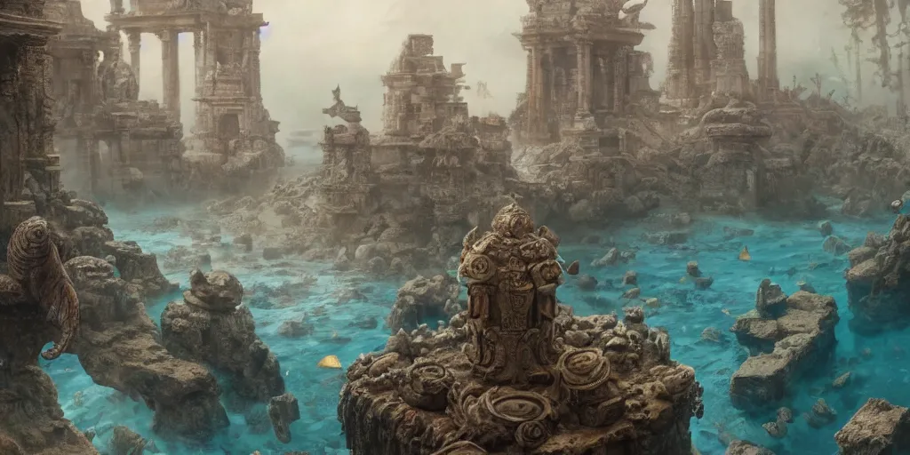 Image similar to Underwater ancient temple, statues, rubble, broken pillars, fishes, coral, Monster Hunter Illustrations art book, Moebius, Greg Rutkowski, Zabrocki, Karlkka, Jayison Devadas, Phuoc Quan, trending on Artstation, 8K, ultra wide angle, zenith view, pincushion lens effect.