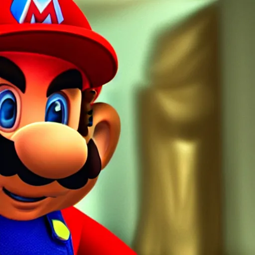 Image similar to Mario looking at the camera dramatically with cinematic lighting