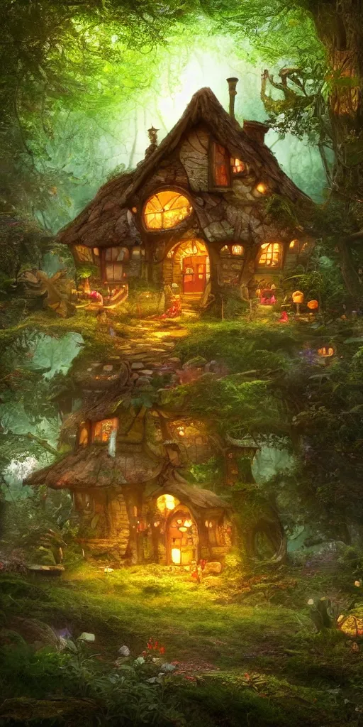 Image similar to A fairy tale toadstool-style house in magical forest, cinematic lighting, photo realistic image, 4K, super detailed, cinematic look