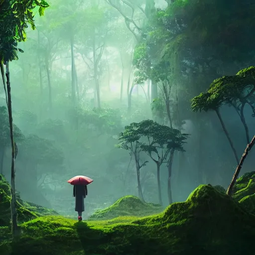 Prompt: alone person facing the desperate call of the void, organized suburb in jungle forest, unreal 5 render, vivid colors, high detail, clear weather, studio ghibli, history painting, digital art, octane render, beautiful composition, trending on artstation, award - winning photograph, masterpiece