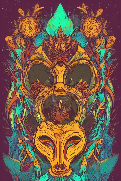 Prompt: animal mask totem tribal feather gemstone plant wood rock shaman vodoo video game vector illustration vivid multicolor borderlands comics by josan gonzales and dan mumford radiating a glowing aura