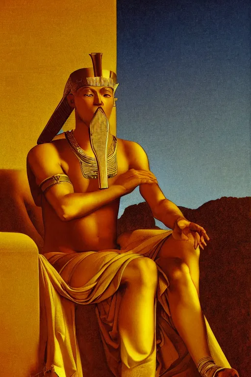 Image similar to a haughty pharaoh on a golden throne, digital painting by maxfield parrish and caravaggio, photorealistic