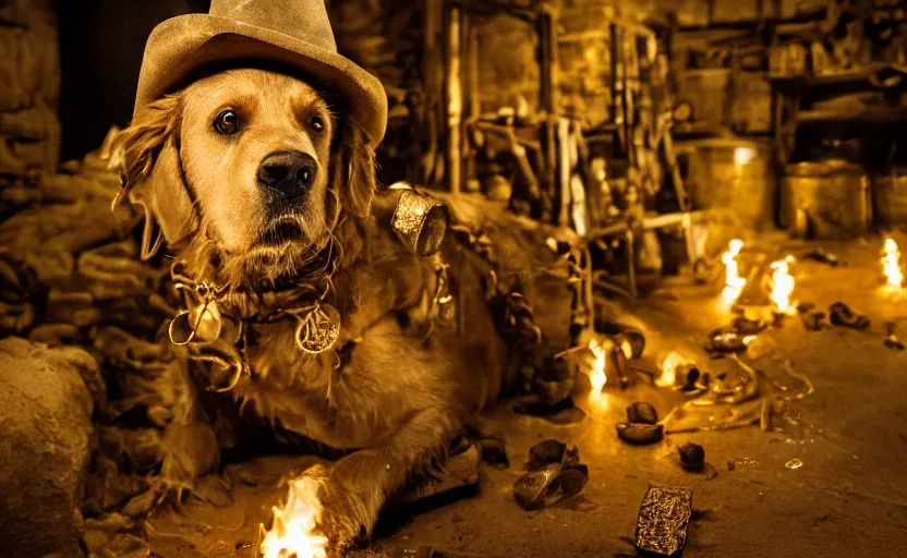 Prompt: a dirty golden retriever in a dark mine wearing a wild west hat and jacket with large piles of gold nuggets nearby, dim moody lighting, wooden supports, wall torches, stylized photo