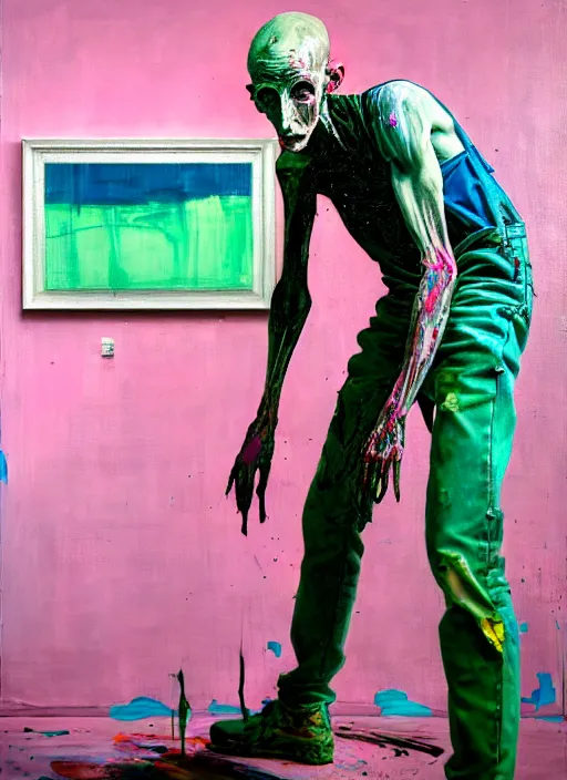 Image similar to an insane, skinny, artist wearing dirty, torn overalls, expressive painting the walls inside a grand messy studio, depth of field, hauntingly surreal, highly detailed painting by francis bacon, edward hopper, adrian ghenie, glenn brown, soft light 4 k in pink, green and blue colour palette, cinematic composition,