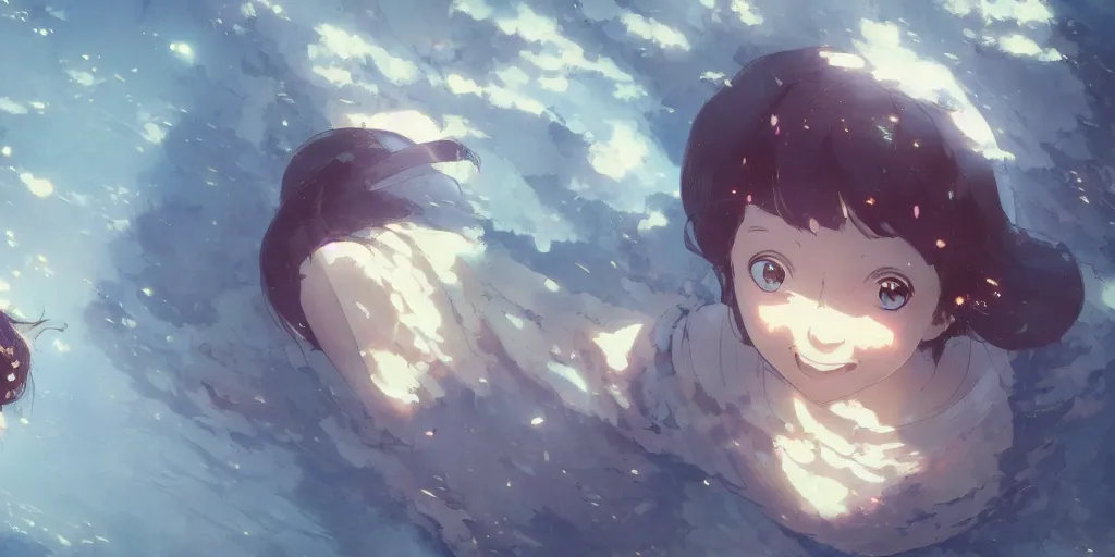 Image similar to a girl with a happy face wakes up in the morning, close up shot from the top, anime art, Greg Rutkowski, studio ghibli, dramatic lighting