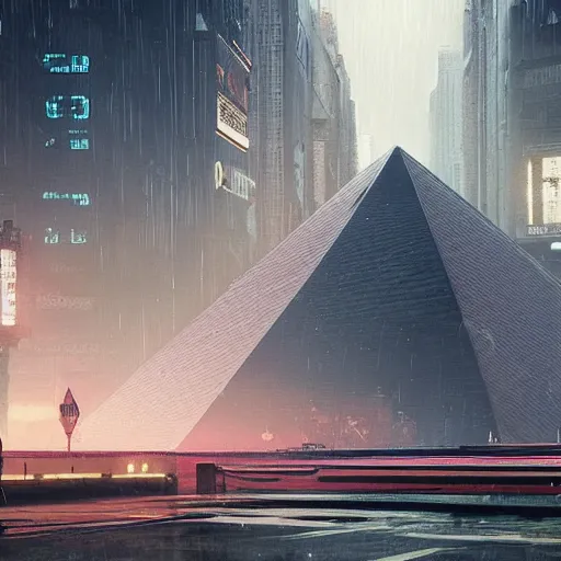 Image similar to gigantic chrome pyramid in the distance, brutalist, blade runner, sci fi, stunning detail, cityscape, cyberpunk, wet street, 8k, cinematic lighting, ultra realistic, colorful, neon, octane rendered,