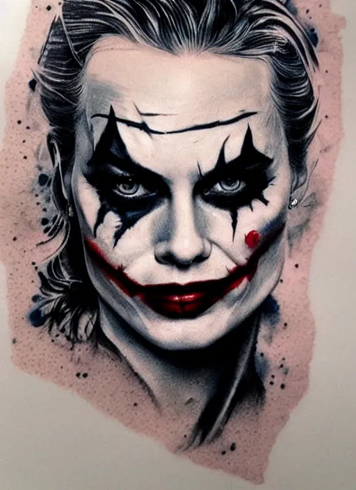 Image similar to tattoo design of margot robbie with joker makeup, ace card, in the style of den yakovlev, realistic face, black and white, realism tattoo, hyper realistic, highly detailed