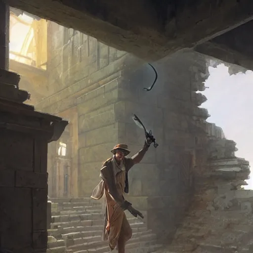 Prompt: indiana jones stealing a catalytic convertor, that is on a trapped pedastal, from inside a temple, painted by greg rutkowski