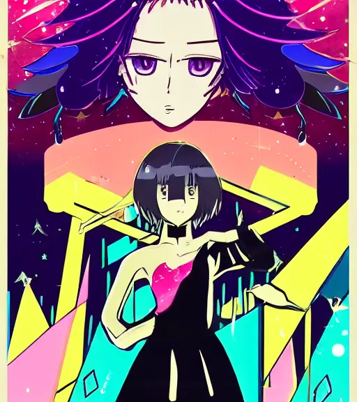 Prompt: black bobcut hair style magical girl in a blend of 8 0 s anime - style art, vibrant composition and color, filtered through a cybernetic lens, by hiroyuki mitsume - takahashi and noriyoshi ohrai and studio ghibli, pastel colors, hand - drawn animation, cel shading, contour hatching, highly detailed, bokeh, vector art
