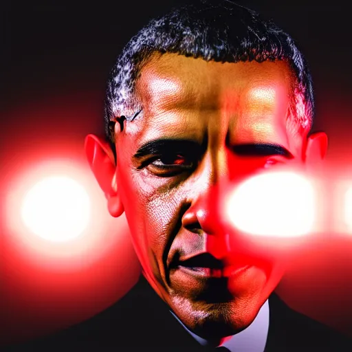 Image similar to Obama red flashlight glowing eyes, flames are burning behind Obama, 40nm lens, 4k,