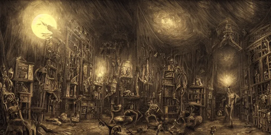 Image similar to a epic view of a macabre museum at night