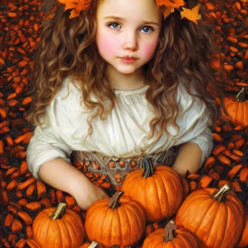 Image similar to a cute little girl with light brown wavy curly hair and blue eyes sitting amidst piles of pumpkins. beautiful cute highly detailed face. she is wearing a crown of autumn leaves. autumn and fall and halloween themed painting by artgerm and greg rutkowski and bouguereau.