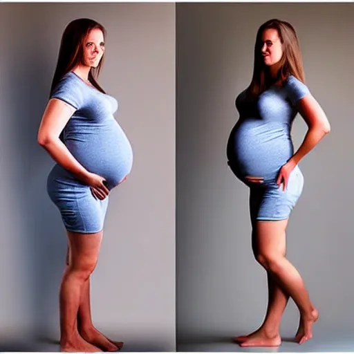 Image similar to beautiful girl with biggest pregnancy ever, full body view, symmetrical face, volumetric lighting, realistic