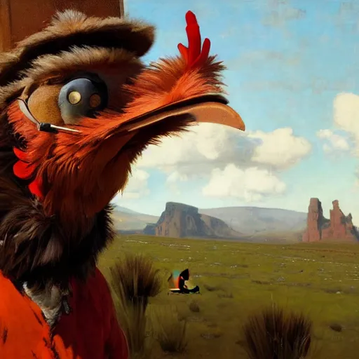 Prompt: wild west portrait of furry anthro anthropomorphic chicken head animal person fursona wearing clothes in the valley, sunny day, digital art by Nerdrum John, William Waterhouse, Winslow Homer, Alex Heywood, Jordan Grimmer, Darren Quach, Greg Rutkowski, Simon Stalenhag, trending on Artstation, CGSociety