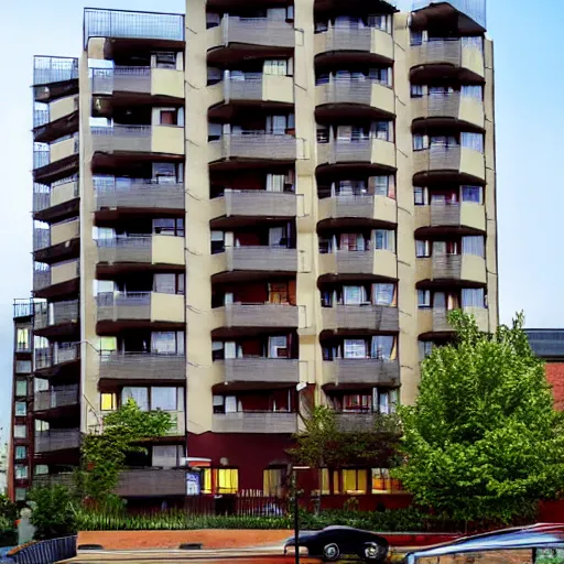 Prompt: apartment building with patios facing away from each other, in the style of frank lloyd wright