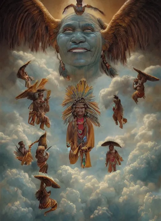 Image similar to faces of indigenous amazonian grandfathers and grandmothers spirits in the clouds, smiling, protection, benevolence, ancestors, detailed faces, art by christophe vacher