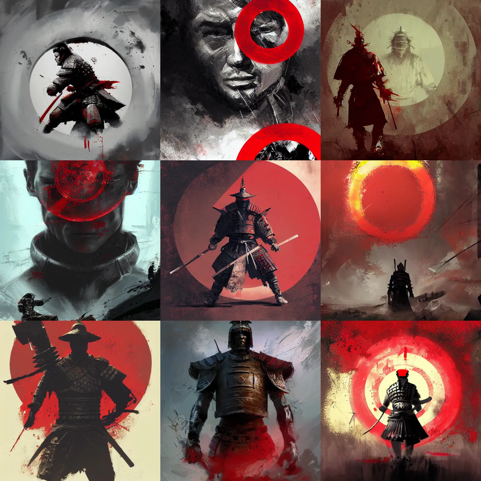 Image similar to artwork by Craig Mullins and Russ Mills and SPARTH showing a samurai in front of a red circle