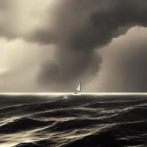 Prompt: sailboat in stormy waters, dark clouds, huge waves, gloomy, overcast, moody atmospheric, storm clouds, lightning illuminating sails, concept art, detailed, artstation award