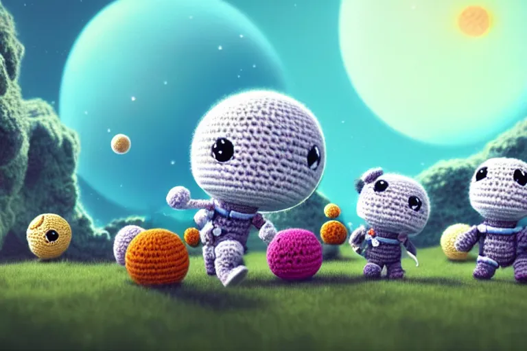 Image similar to an expedition of crochet astronauts discovering a new fluffy planet made out of yarn. cute, illustration, digital art, inspired by little big planet, by greg rutkowski, detailed, sharp, masterpiece, highly detailed, photorealistic, octane render, 8 k, unreal engine 5, trending on artstation