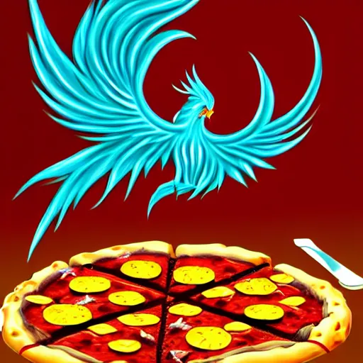 Prompt: A Mythical Phoenix Enjoying the High Temperature Inside a Hot Pizza Oven Next to a Pizza, Digital Art, Trending on Artstation