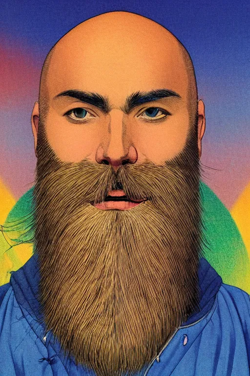 Image similar to a colorful closeup portrait of a young bald man with a very long wild beard dreaming psychedelic hallucinations in the vast icy landscape of antarctica, by kawase hasui, moebius and edward hopper, colorful flat surreal design, hd, 8 k, artstation