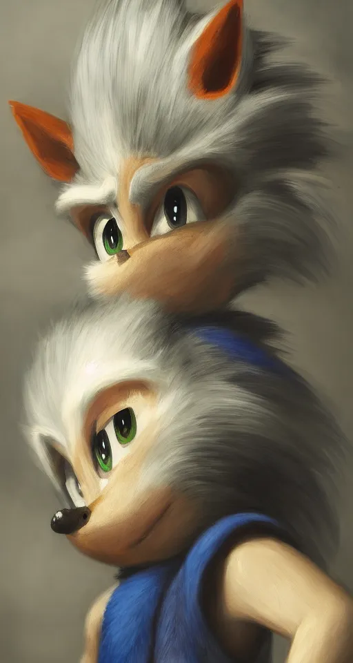 Image similar to studious portrait painting of anthropomorphic sonic the hedgehog, chiaroscuro, elegant highly detailed oil painting 4 k, archival scan