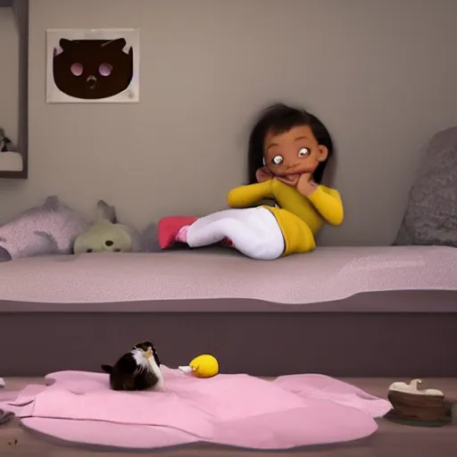 Image similar to a cute toddler girl is sleeping in her bedroom, while cats are making noise on the rooftops, pixar style