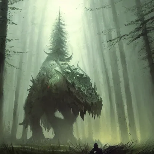 Image similar to a man standing next to a giant creature in a forest, concept art by Jakub Rozalski, fantasy art, concept art, artstation hq, game art