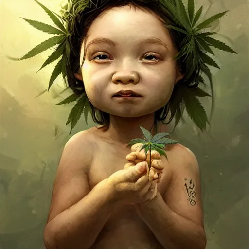 Image similar to a cute little baby made of hemp, with a head in the form of a cannabis bloom, like baby grut, green skin, character, art by james jean and greg rutkowski!!, realistic face, digital art, chibi style, golden ratio, perfect composition, trending on artstation, 8 k