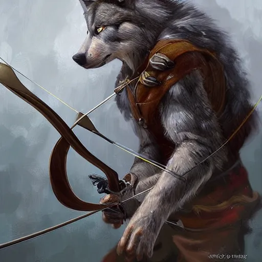 Prompt: A Wolf Archer, digital art, award winning, artstation, masterpiece, very detailed, oil painting