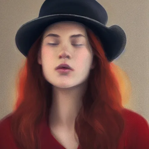 Image similar to a girl wearing a red fedora hat singing in a studio, sitting on a stool, extremely detailed digital painting, in the style of alyssa monks, rim light, beautiful lighting, 8 k, raytracing, octane, trending on artstation