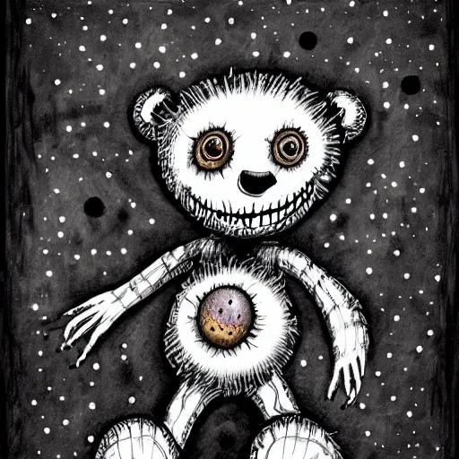 Image similar to dark art cartoon grunge drawing of a teddy bear with black holes as eyes by tim burton - loony toons style, horror theme, detailed, elegant, intricate, trending on art station