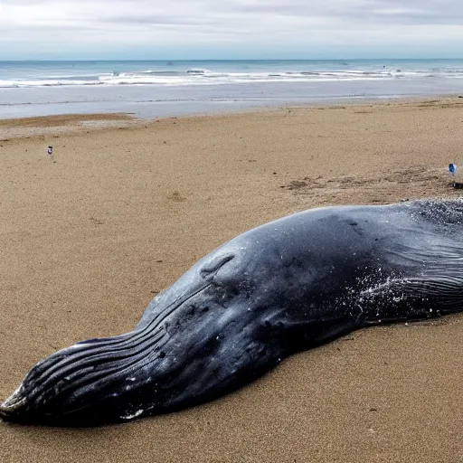 Image similar to a grey giant dead whale washed up on a beach