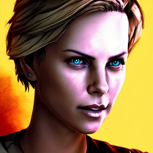 Image similar to charlize theron portrait, borderlands, tales from the borderlands, the wolf among us, comic, cinematic lighting, studio quality, 8 k