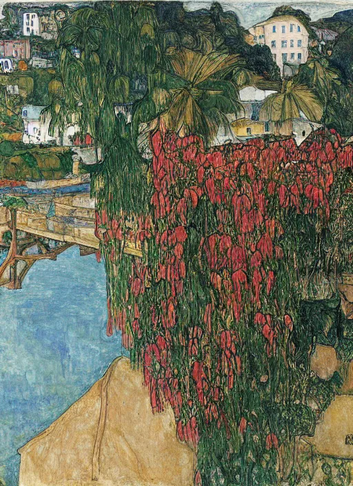 Image similar to tied bridge on local river, 3 boat in river, 2 number house near a lot of palm and eucalyptus and bougainvillea, summer, painting by egon schiele