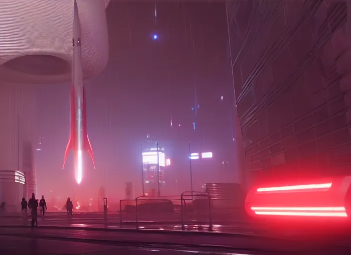 Image similar to futuristic colony, blade runner 2 0 4 9 city architecture, spacex starship rocket launch site, environmental lighting, stromy weather, ray tracing, people walking in street, amazing view, futuristic, highly detailed, heavy traffic, neon shops, octane render, unreal engine 5, 4 k