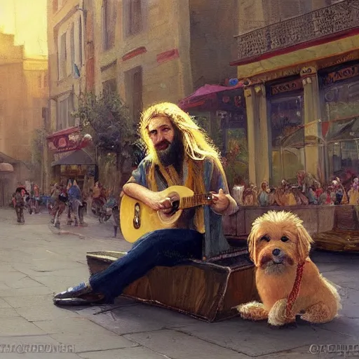 Image similar to oil painting of a young man with long hair blond and a beard hippie style with his golden retrever dog playing guitar in the square for money, people watching around, by greg rutkowski, artstation