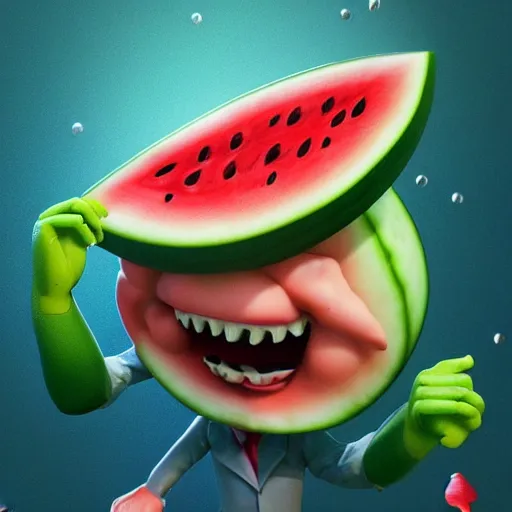 Image similar to a watermelon in a back yard laughing happily at the mad scientists which are falling from the sky , made by Stanley Artgerm Lau, WLOP, Rossdraws, ArtStation, CGSociety, concept art, cgsociety, octane render, trending on artstation, artstationHD, artstationHQ, unreal engine, 4k, 8k,
