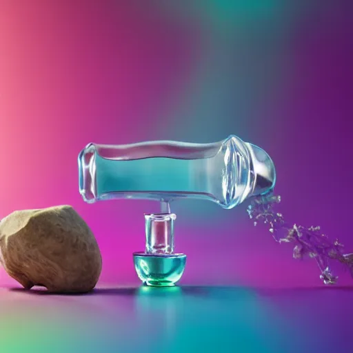 Image similar to perfume bottle inspired by yoga, advertising photography, gradient studio background, bokeh