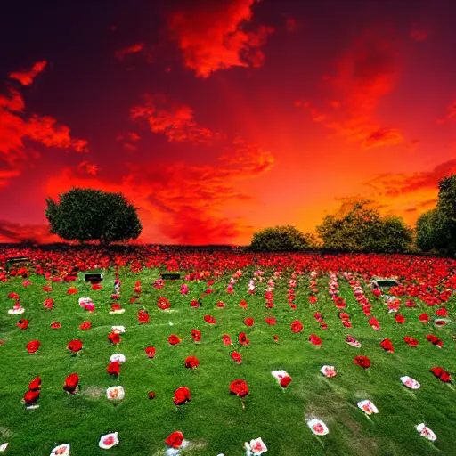 Prompt: graveyard filled with red roses while it's the most beautiful sunset and white clouds