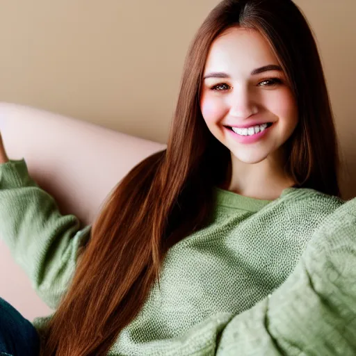 Image similar to a cute young woman smiling, long shiny bronze brown hair, full round face, green eyes, medium skin tone, light cute freckles, smiling softly, wearing casual clothing, relaxing on a modern couch, interior lighting, cozy living room background, medium shot, mid-shot, soft focus