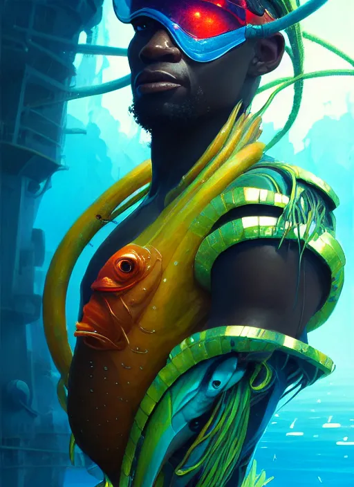 Image similar to portrait of a jamaican fisherman sci - fi glowing fishing armor muscular cyberpunk intricate elegant highly detailed digital painting artstation concept art, ocean fish jamaican flag colors background, greg rutkowski, loish, rhads, ferdinand knab, makoto shinkai and lois van baarle, ilya kuvshinov, rossdraws, tom bagshaw