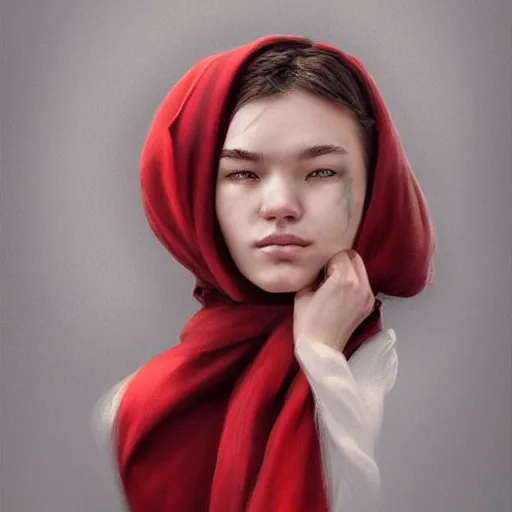 Image similar to human female portrait, red scarf, hatched ear, golden earring, white background, by horace hsu, tony sart, miles johnston, highly detailed, digital illustration, concept art, trending on artstation