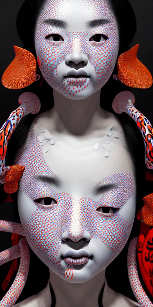 Image similar to hyperrealistic detailed image of a geisha in a art installation room, hd smooth interior by yayoi kusama, part by kei mieno, part by ross tran, dark art by james jean, ultra realistic, highly detailed, life like face, detailed body, 8 k, 3 d render by roger magrini, very cohesive, masterpiece