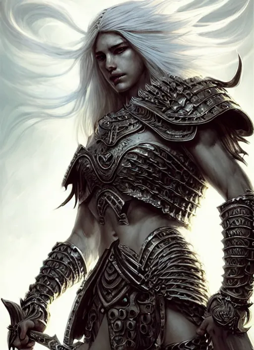 Image similar to barbarian, plated armor!!! long wild white hair!! fully clothed!!! fantasy, d & d, intricate ornate details, digital painting, pretty face!!, symmetry, concept art, sharp focus, illustration, art by artgerm! greg rutkowski magali villeneuve wlop! ilya kuvshinov!!, octane render