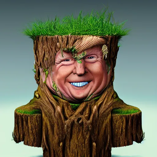 Image similar to donald trump is fused into a tree stump, hyperdetailed, artstation, cgsociety, 8 k
