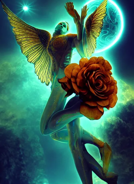 Image similar to flowers within the whole infinite capsule apparent with awe the apparition, an idea seep's into infinity and gives me wings, highly detailed in volumetric latent space, golden turquoise steampunk, high contrast cinematic light, mystical shadows, sharp focus, divine realm of gods, octane render, artist by boris vallejo,