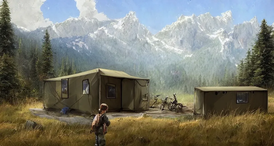 Image similar to cabela's beautiful comfortable carbon framed, military grade, modular insulated wall portable container home kit - house all weather family dwelling tent house, person in foreground, mountainous forested wilderness open fields, beautiful views, painterly concept art, environmental concept art, concept art illustration, by james gurney, by craig mullins, by greg rutkowski trending on artstation